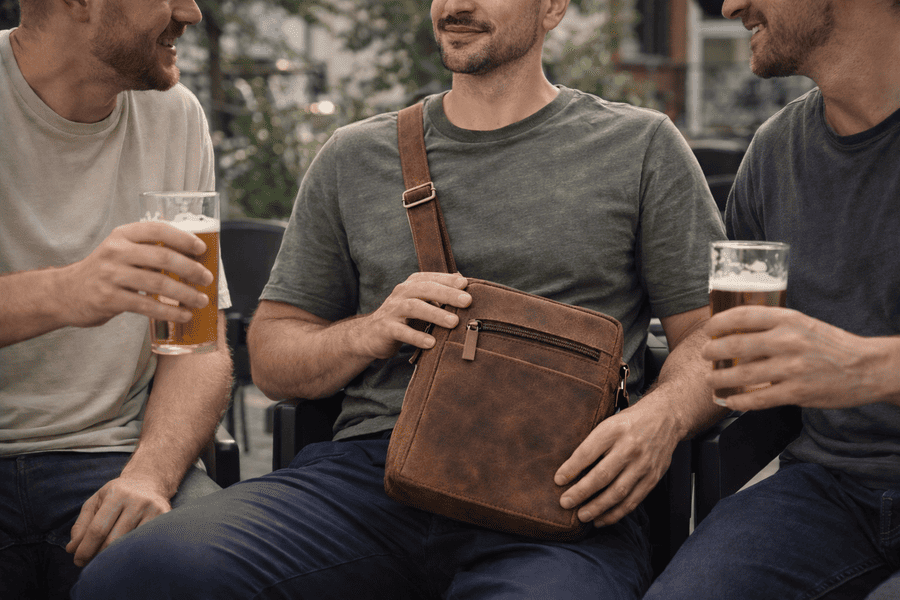 muž s taškou na kolenách  mk